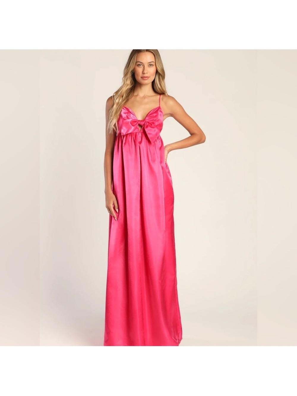 NWT Lulu's Vibrant Hot Pink Satin Maxi Chemise with Front Bow